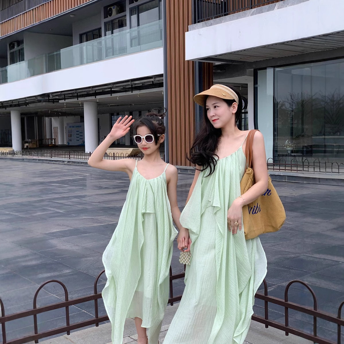 Mommy and Me Green Solid Color Low Back Shoulder Strap Slip Dress for Mother and Daughter - ChildAngle