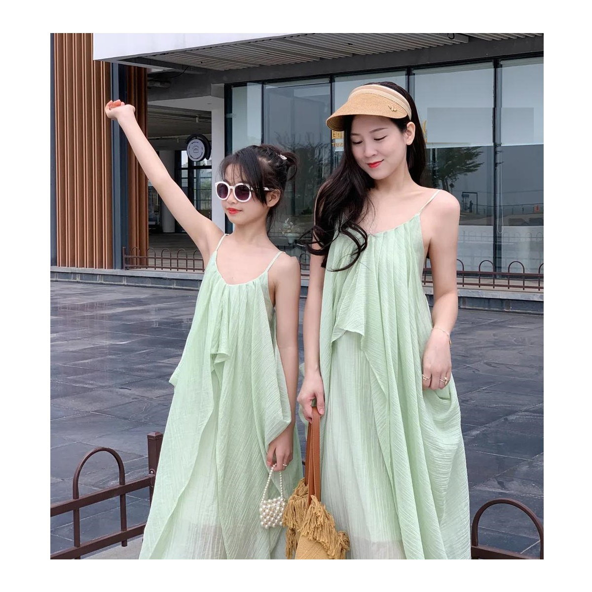 Mommy and Me Green Solid Color Low Back Shoulder Strap Slip Dress for Mother and Daughter - ChildAngle