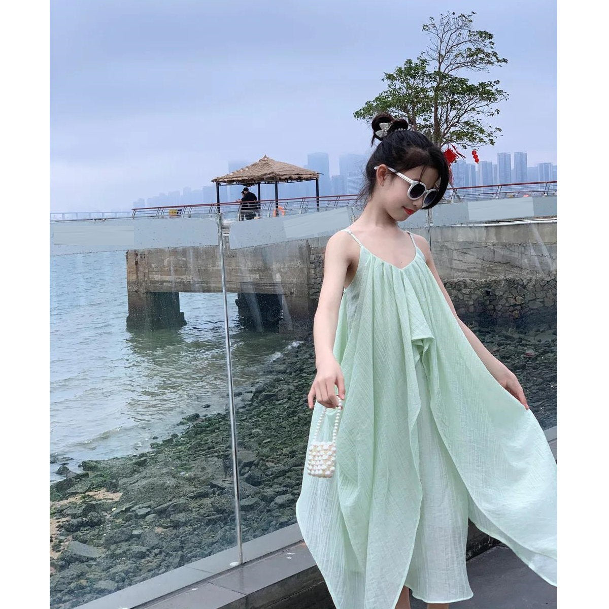 Mommy and Me Green Solid Color Low Back Shoulder Strap Slip Dress for Mother and Daughter - ChildAngle