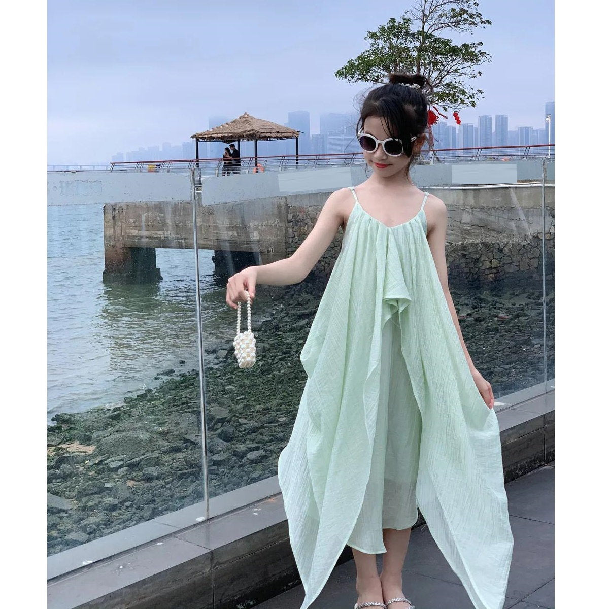 Mommy and Me Green Solid Color Low Back Shoulder Strap Slip Dress for Mother and Daughter - ChildAngle