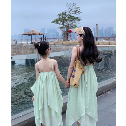 Mommy and Me Green Solid Color Low Back Shoulder Strap Slip Dress for Mother and Daughter - ChildAngle