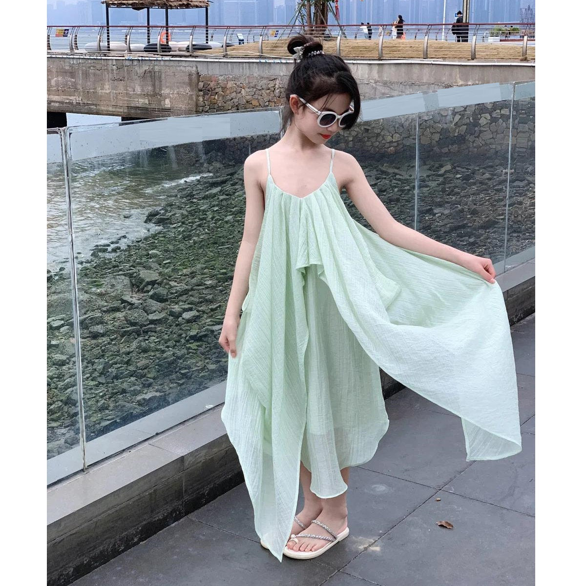 Mommy and Me Green Solid Color Low Back Shoulder Strap Slip Dress for Mother and Daughter - ChildAngle
