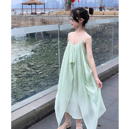 Mommy and Me Green Solid Color Low Back Shoulder Strap Slip Dress for Mother and Daughter - ChildAngle