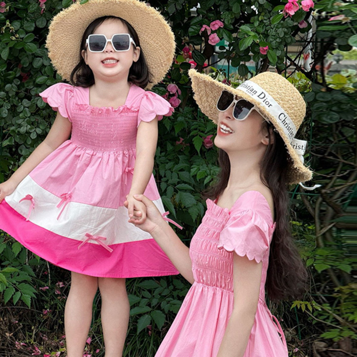 Mommy and Me Matching Dress Colorblock Square Neck Ruched Bust Shirred Bowknot Decor Dress - ChildAngle