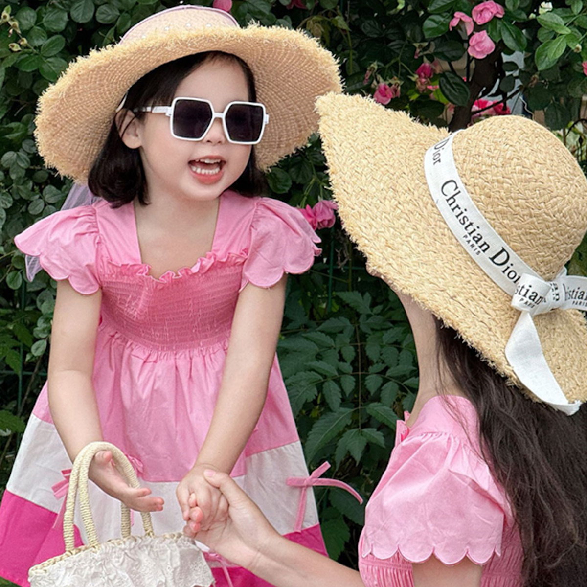 Mommy and Me Matching Dress Colorblock Square Neck Ruched Bust Shirred Bowknot Decor Dress - ChildAngle