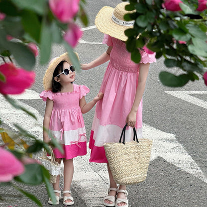 Mommy and Me Matching Dress Colorblock Square Neck Ruched Bust Shirred Bowknot Decor Dress - ChildAngle