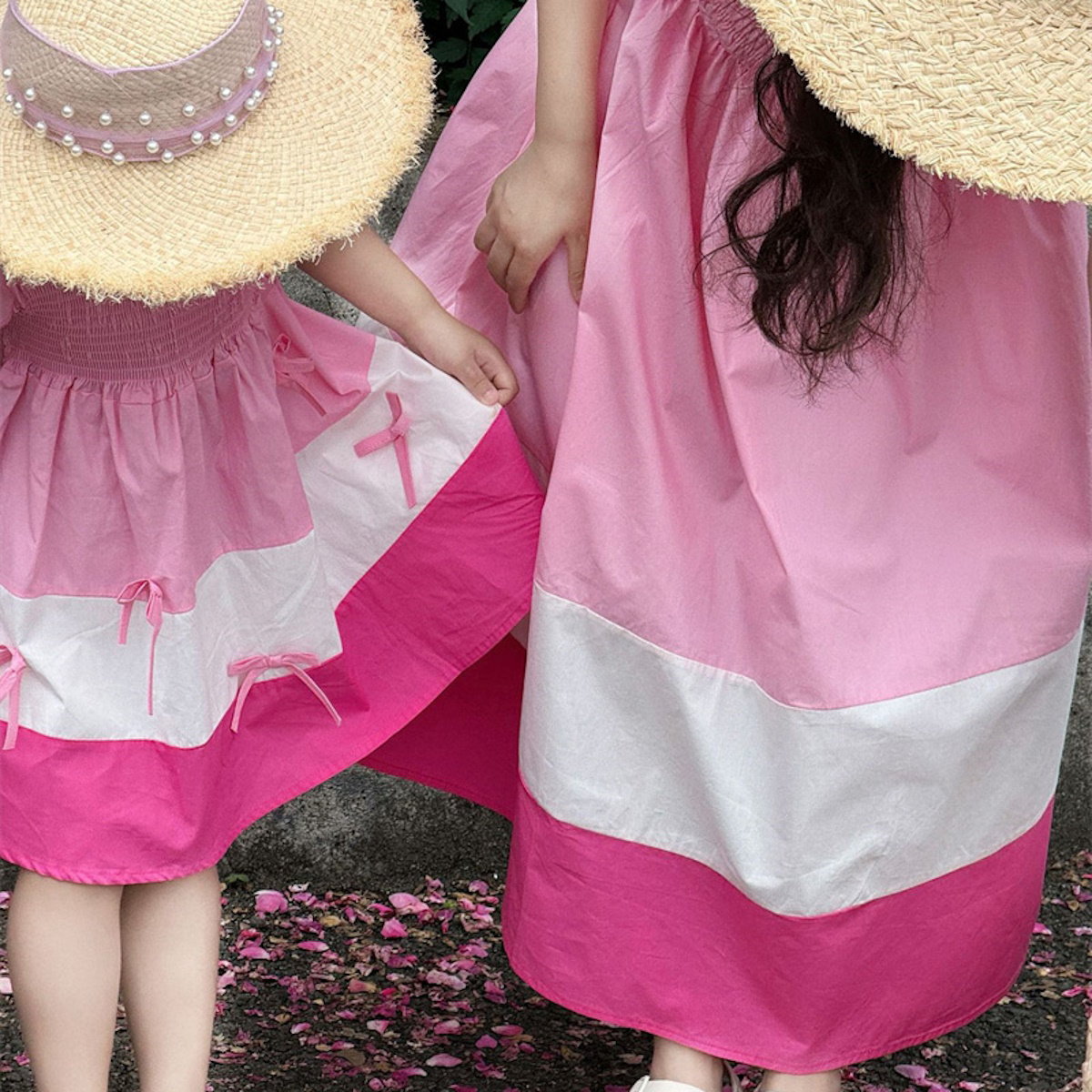 Mommy and Me Matching Dress Colorblock Square Neck Ruched Bust Shirred Bowknot Decor Dress - ChildAngle