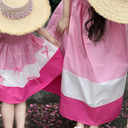 Mommy and Me Matching Dress Colorblock Square Neck Ruched Bust Shirred Bowknot Decor Dress - ChildAngle