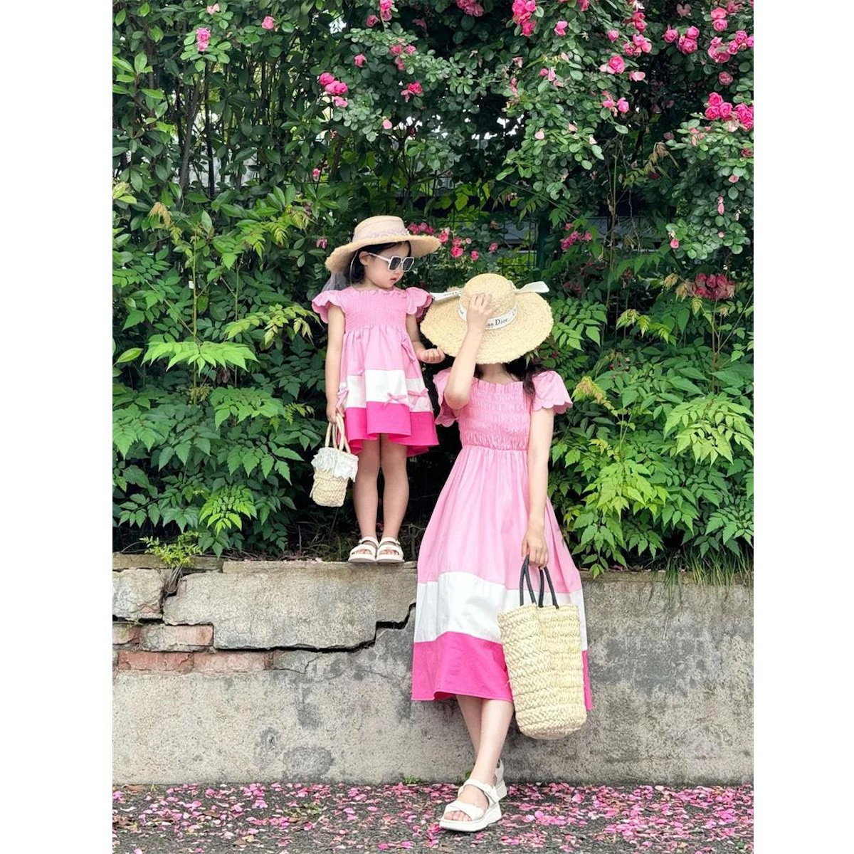 Mommy and Me Matching Dress Colorblock Square Neck Ruched Bust Shirred Bowknot Decor Dress - ChildAngle