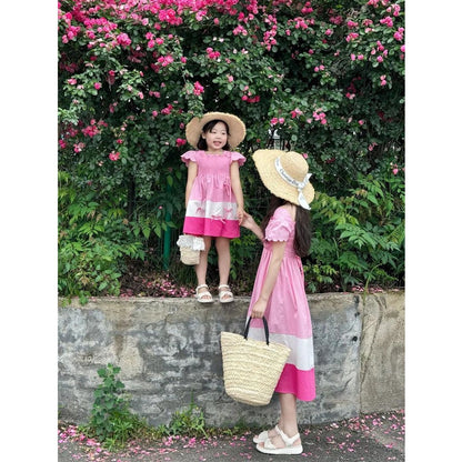 Mommy and Me Matching Dress Colorblock Square Neck Ruched Bust Shirred Bowknot Decor Dress - ChildAngle