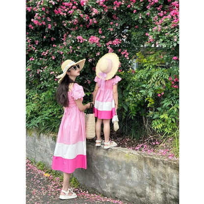 Mommy and Me Matching Dress Colorblock Square Neck Ruched Bust Shirred Bowknot Decor Dress - ChildAngle