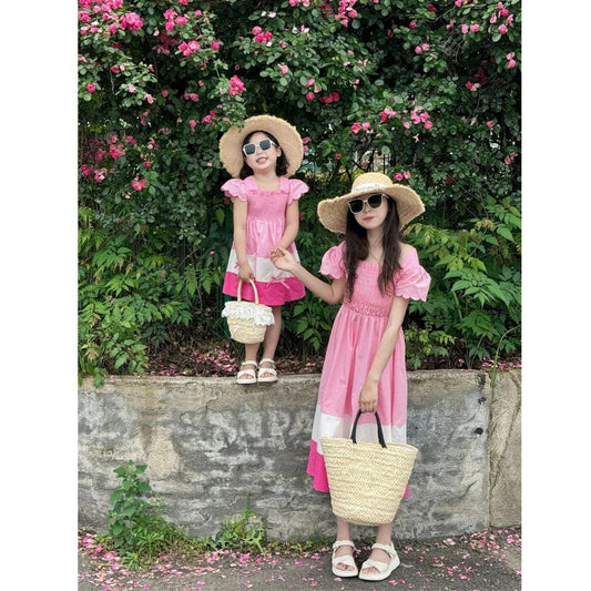 Mommy and Me Matching Dress Colorblock Square Neck Ruched Bust Shirred Bowknot Decor Dress - ChildAngle