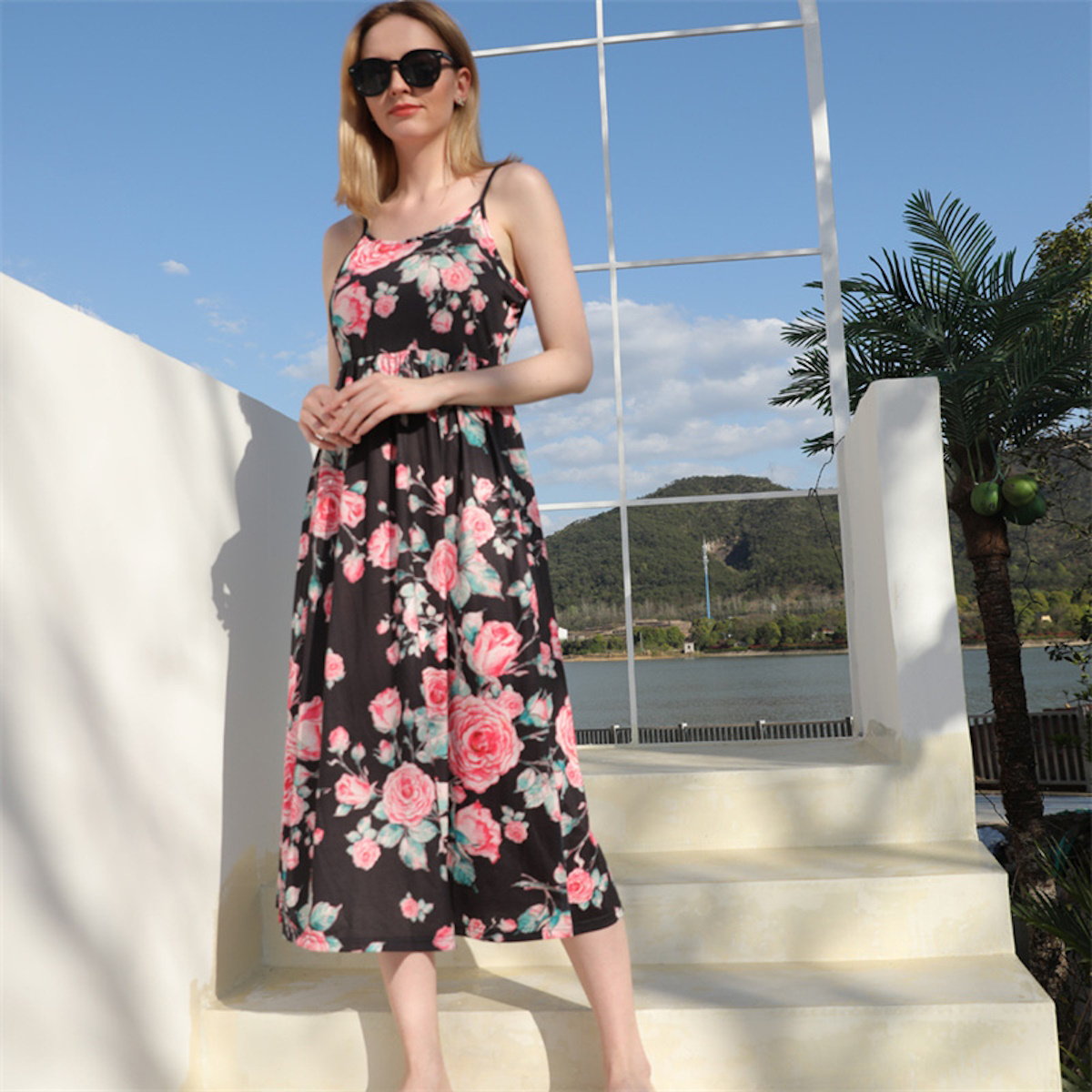 Family Matching Dress Black Sleeveless Pink Floral Strap Dress