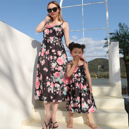 Family Matching Dress Black Sleeveless Pink Floral Strap Dress
