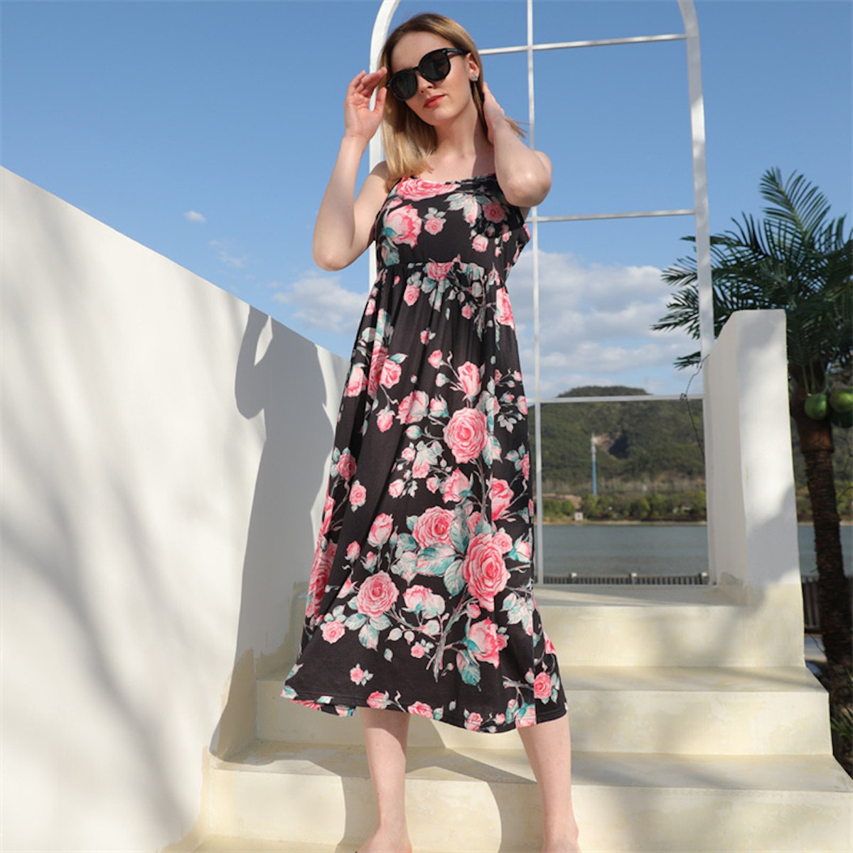 Family Matching Dress Black Sleeveless Pink Floral Strap Dress