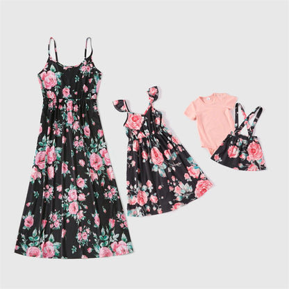 Family Matching Dress Black Sleeveless Pink Floral Strap Dress
