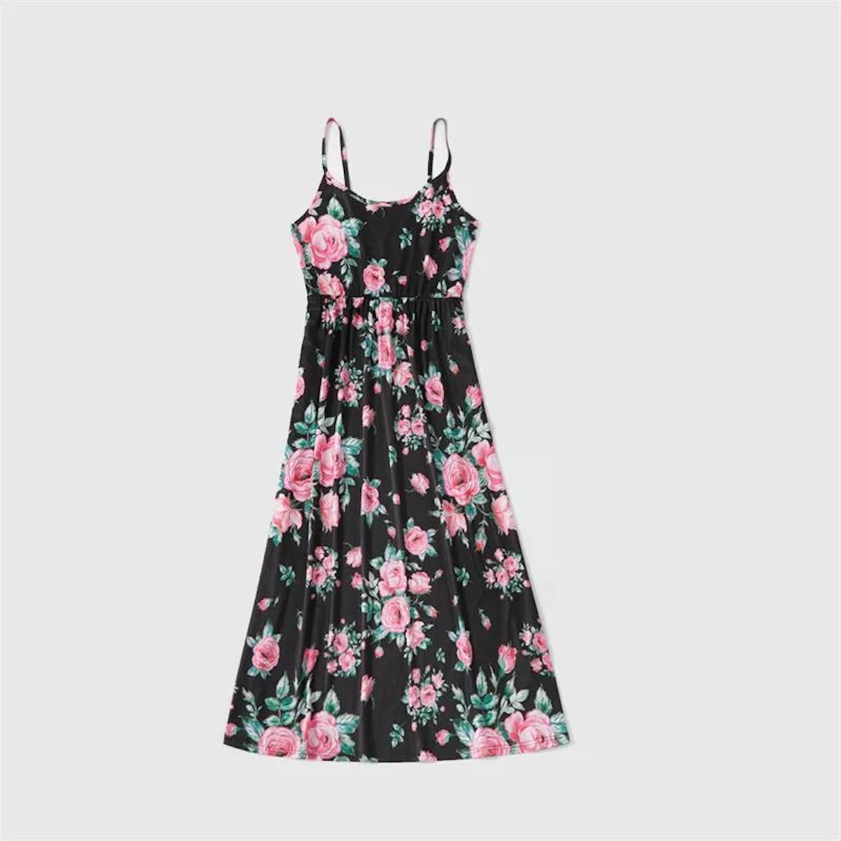 Family Matching Dress Black Sleeveless Pink Floral Strap Dress