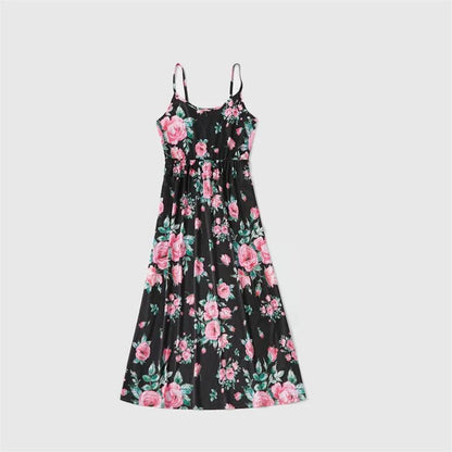 Family Matching Dress Black Sleeveless Pink Floral Strap Dress