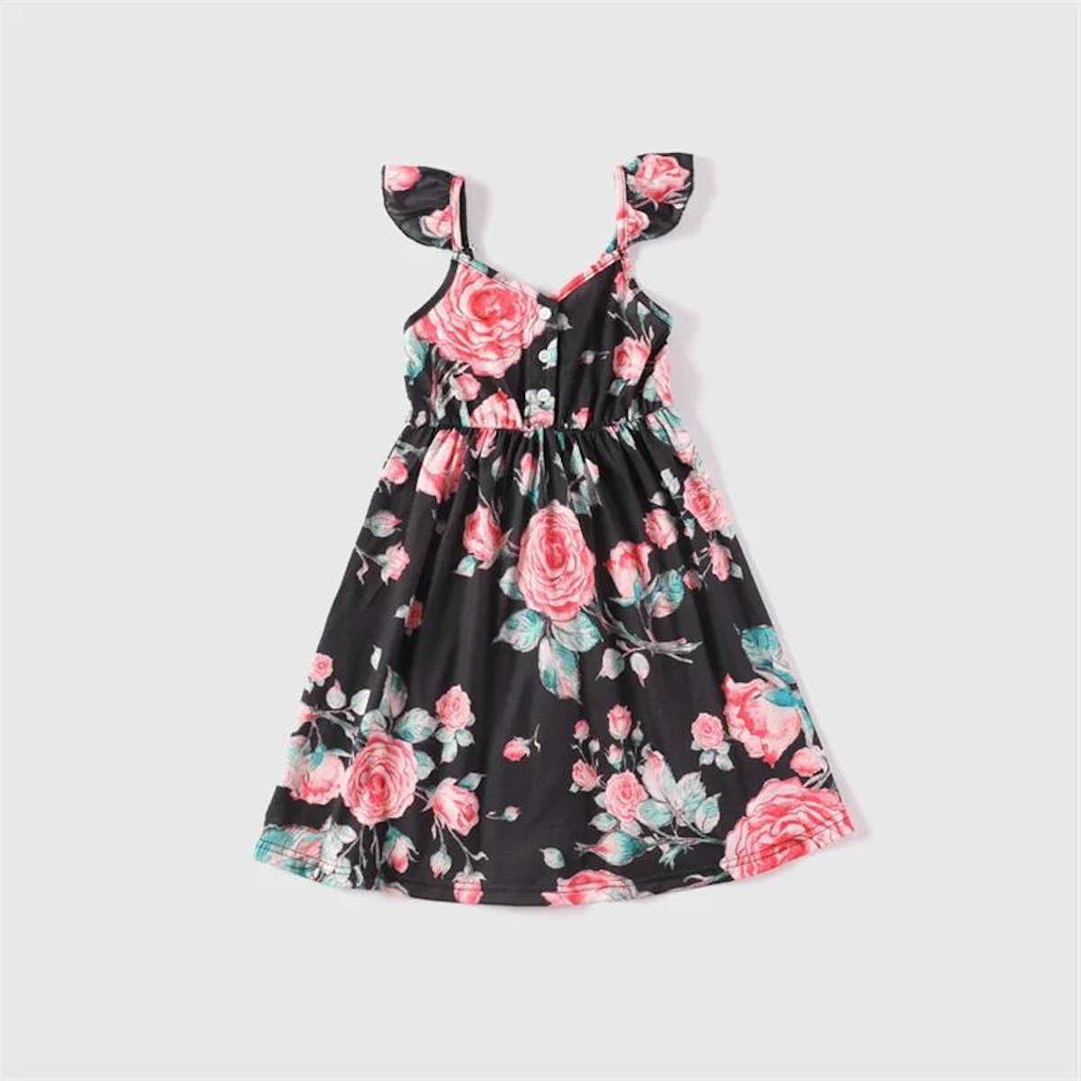 Family Matching Dress Black Sleeveless Pink Floral Strap Dress