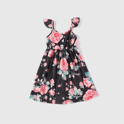 Family Matching Dress Black Sleeveless Pink Floral Strap Dress