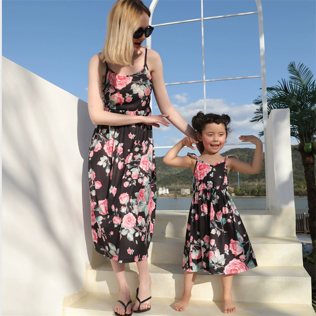 Family Matching Dress Black Sleeveless Pink Floral Strap Dress