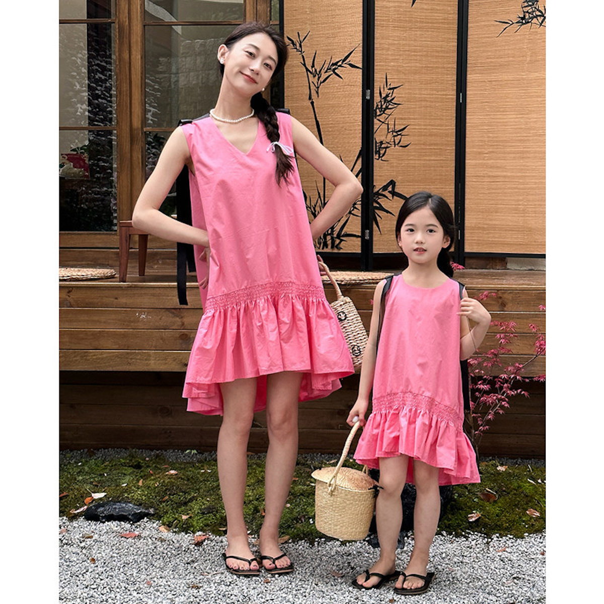Mommy and Me V Neck Ruffle Hem Sleeveless Shoulder Tie Midi Dress - ChildAngle