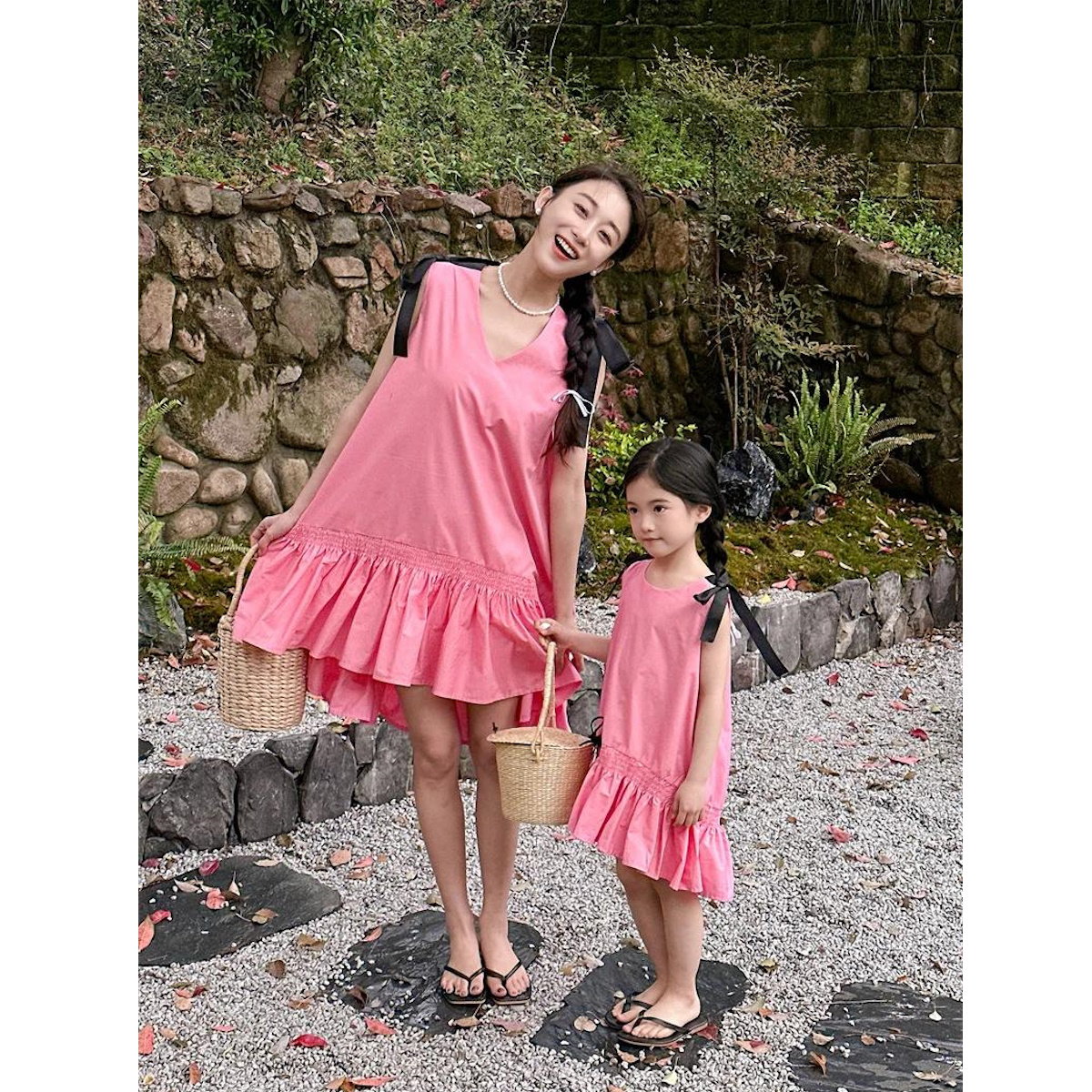 Mommy and Me V Neck Ruffle Hem Sleeveless Shoulder Tie Midi Dress - ChildAngle