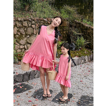 Mommy and Me V Neck Ruffle Hem Sleeveless Shoulder Tie Midi Dress - ChildAngle