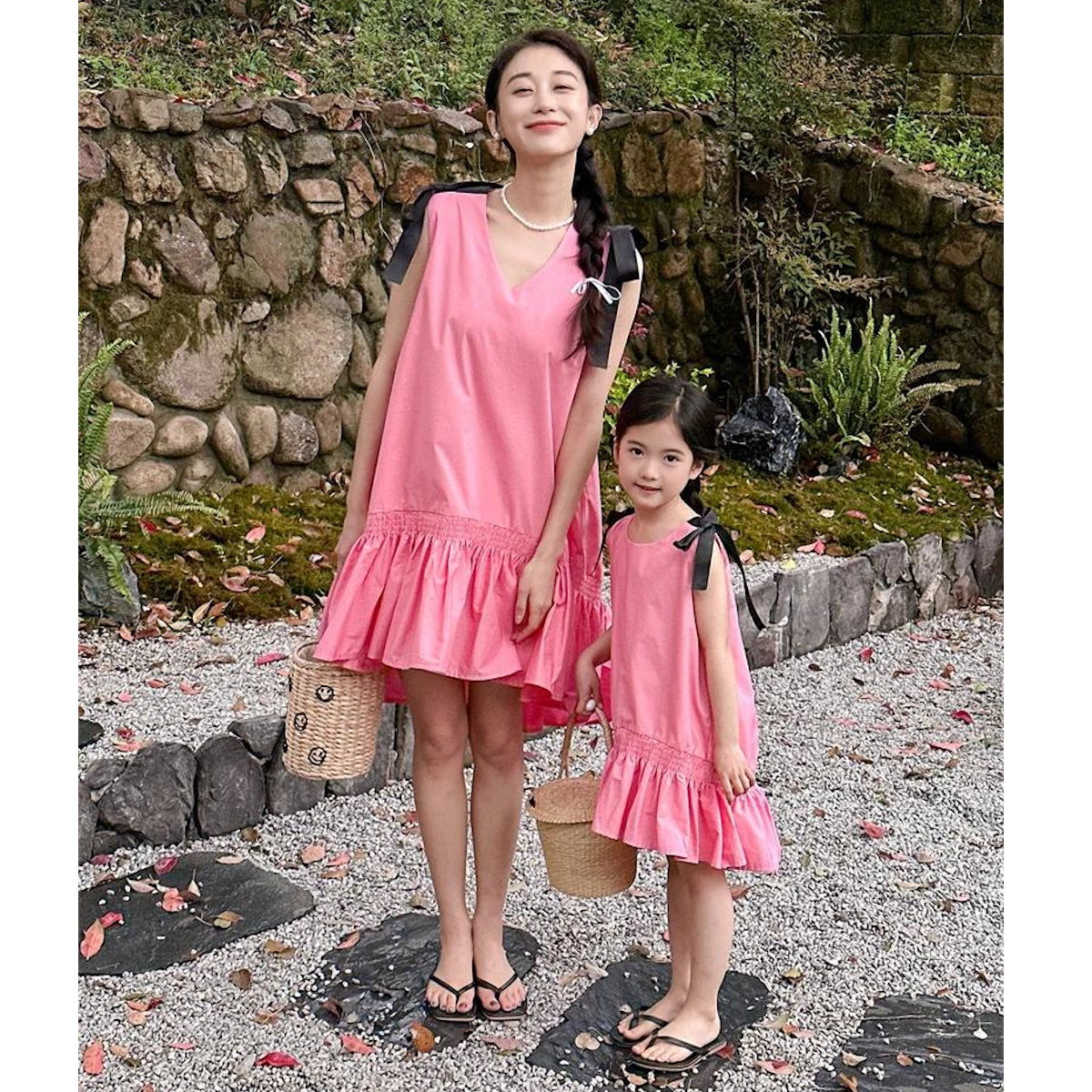 Mommy and Me V Neck Ruffle Hem Sleeveless Shoulder Tie Midi Dress - ChildAngle