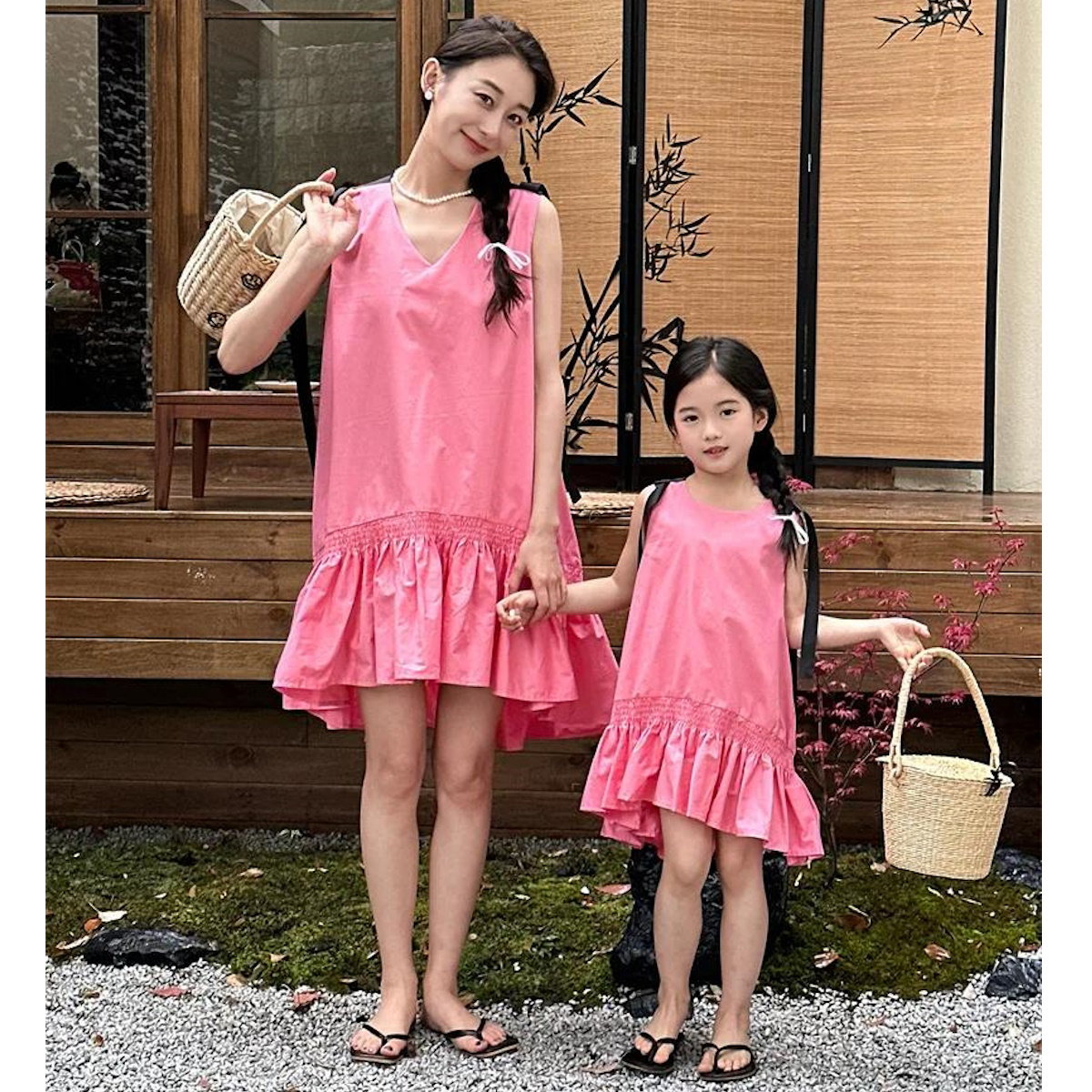 Mommy and Me V Neck Ruffle Hem Sleeveless Shoulder Tie Midi Dress - ChildAngle