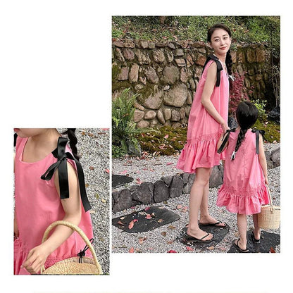 Mommy and Me V Neck Ruffle Hem Sleeveless Shoulder Tie Midi Dress - ChildAngle