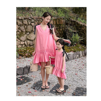 Mommy and Me V Neck Ruffle Hem Sleeveless Shoulder Tie Midi Dress - ChildAngle