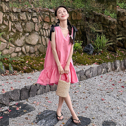 Mommy and Me V Neck Ruffle Hem Sleeveless Shoulder Tie Midi Dress - ChildAngle