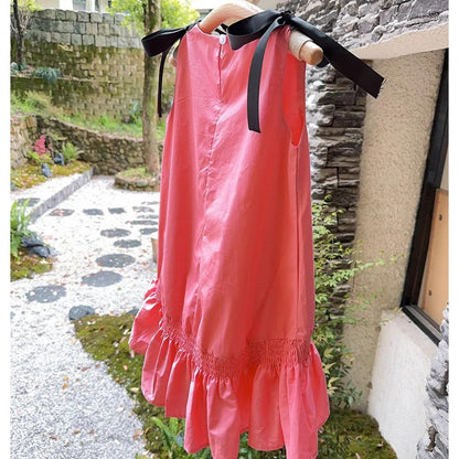 Mommy and Me V Neck Ruffle Hem Sleeveless Shoulder Tie Midi Dress - ChildAngle