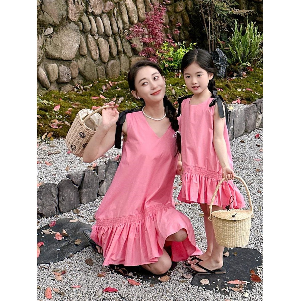 Mommy and Me V Neck Ruffle Hem Sleeveless Shoulder Tie Midi Dress - ChildAngle