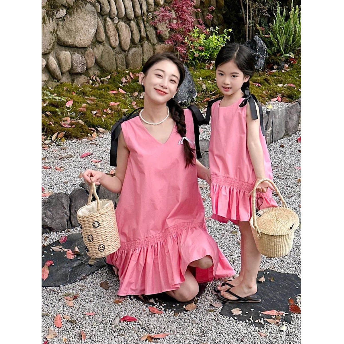 Mommy and Me V Neck Ruffle Hem Sleeveless Shoulder Tie Midi Dress - ChildAngle