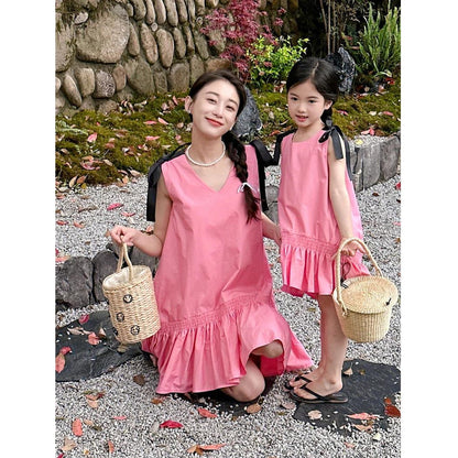 Mommy and Me V Neck Ruffle Hem Sleeveless Shoulder Tie Midi Dress - ChildAngle