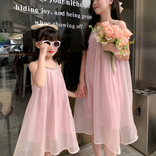 Mommy and Me Pink Chiffon Strap Dress