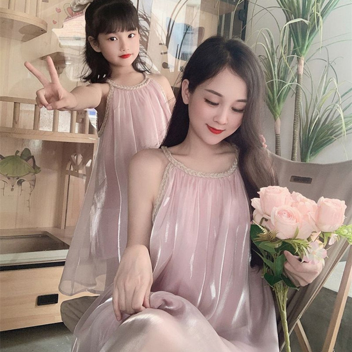 Mommy and Me Pink Chiffon Strap Dress