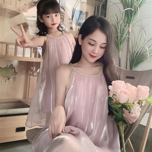 Mommy and Me Pink Chiffon Strap Dress