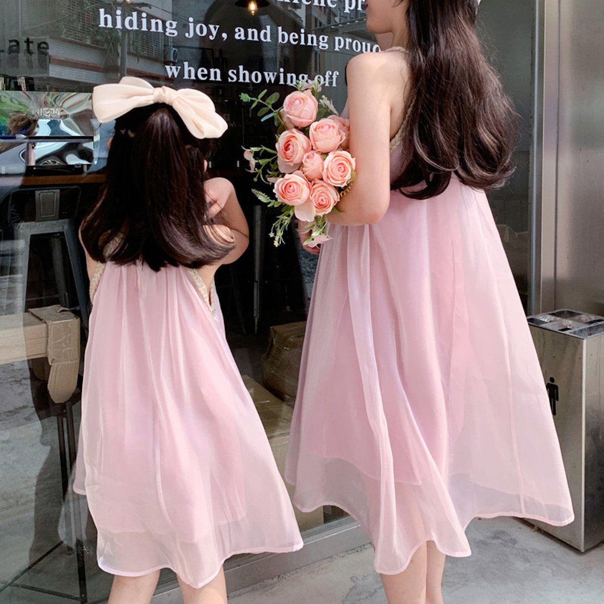 Mommy and Me Pink Chiffon Strap Dress
