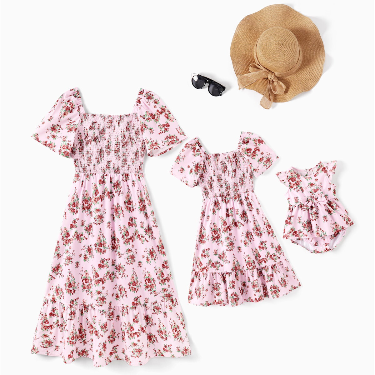 Mommy and Me Matching Dress Puff Sleeve Midi Dress Shirred Chest Ruffle Dress Mother and Daughter Matching Vacation Outfits - ChildAngle