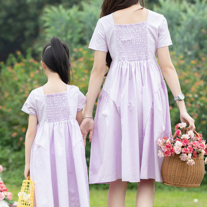 Mommy and Me Matching Dress Short Sleeve Lavender Shirred Top Dress - ChildAngle