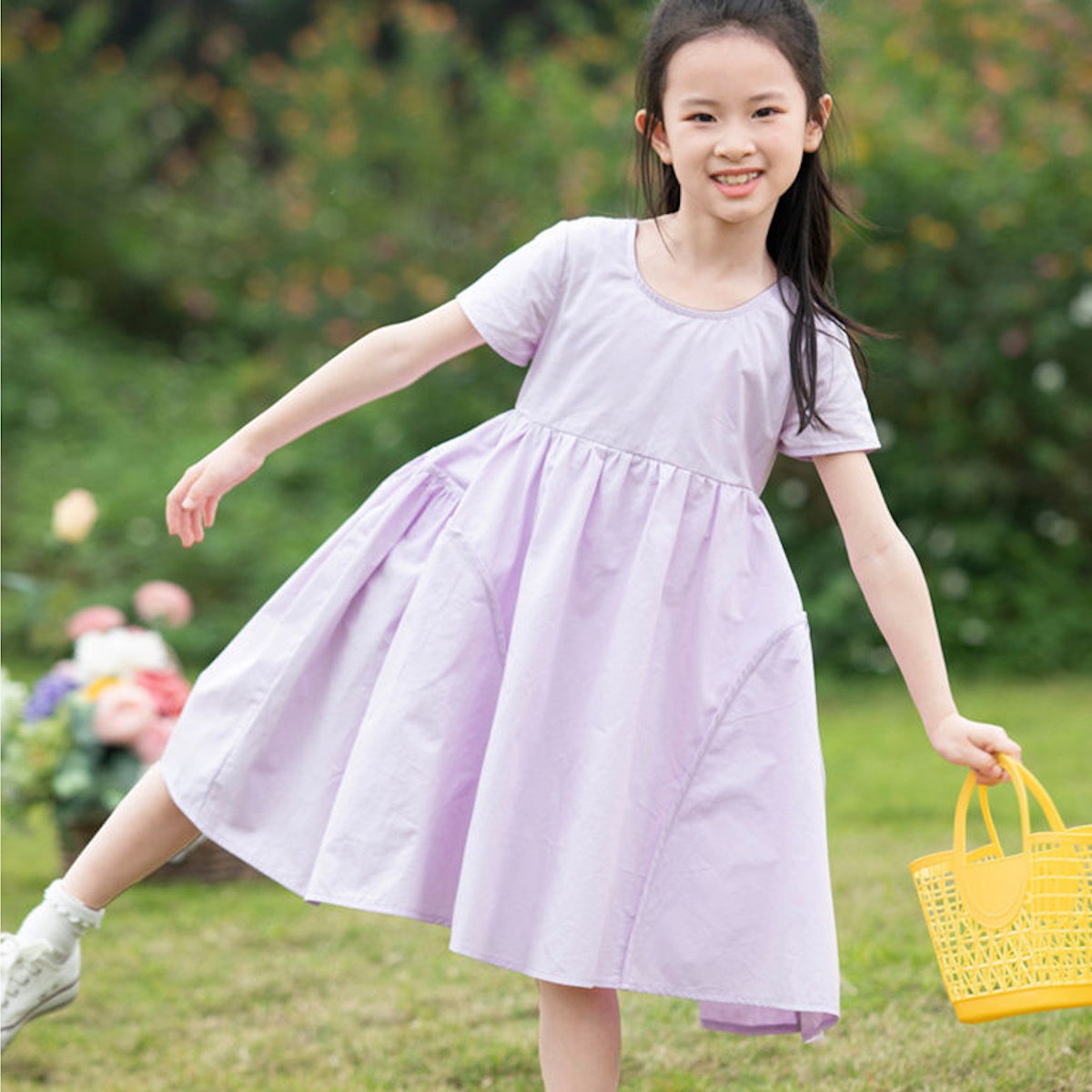 Mommy and Me Matching Dress Short Sleeve Lavender Shirred Top Dress - ChildAngle