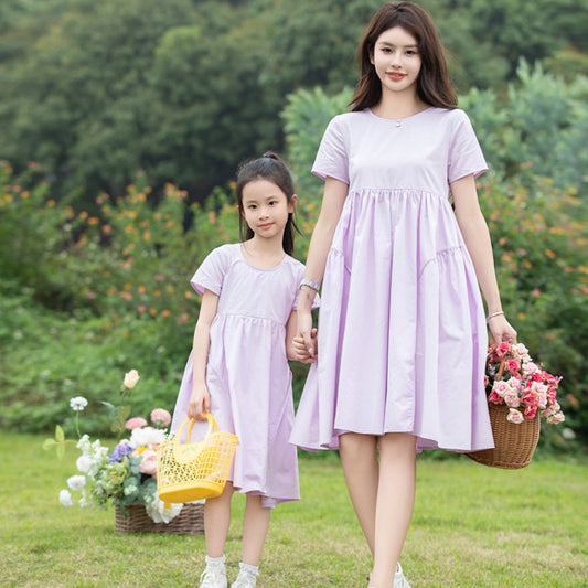 Mommy and Me Matching Dress Short Sleeve Lavender Shirred Top Dress - ChildAngle