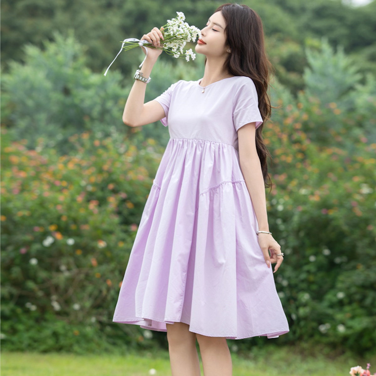 Mommy and Me Matching Dress Short Sleeve Lavender Shirred Top Dress - ChildAngle