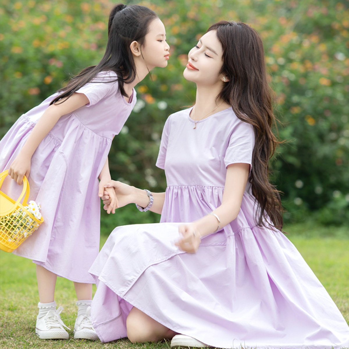 Mommy and Me Matching Dress Short Sleeve Lavender Shirred Top Dress - ChildAngle