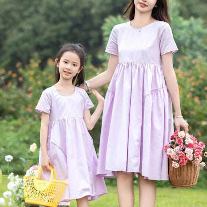 Mommy and Me Matching Dress Short Sleeve Lavender Shirred Top Dress - ChildAngle