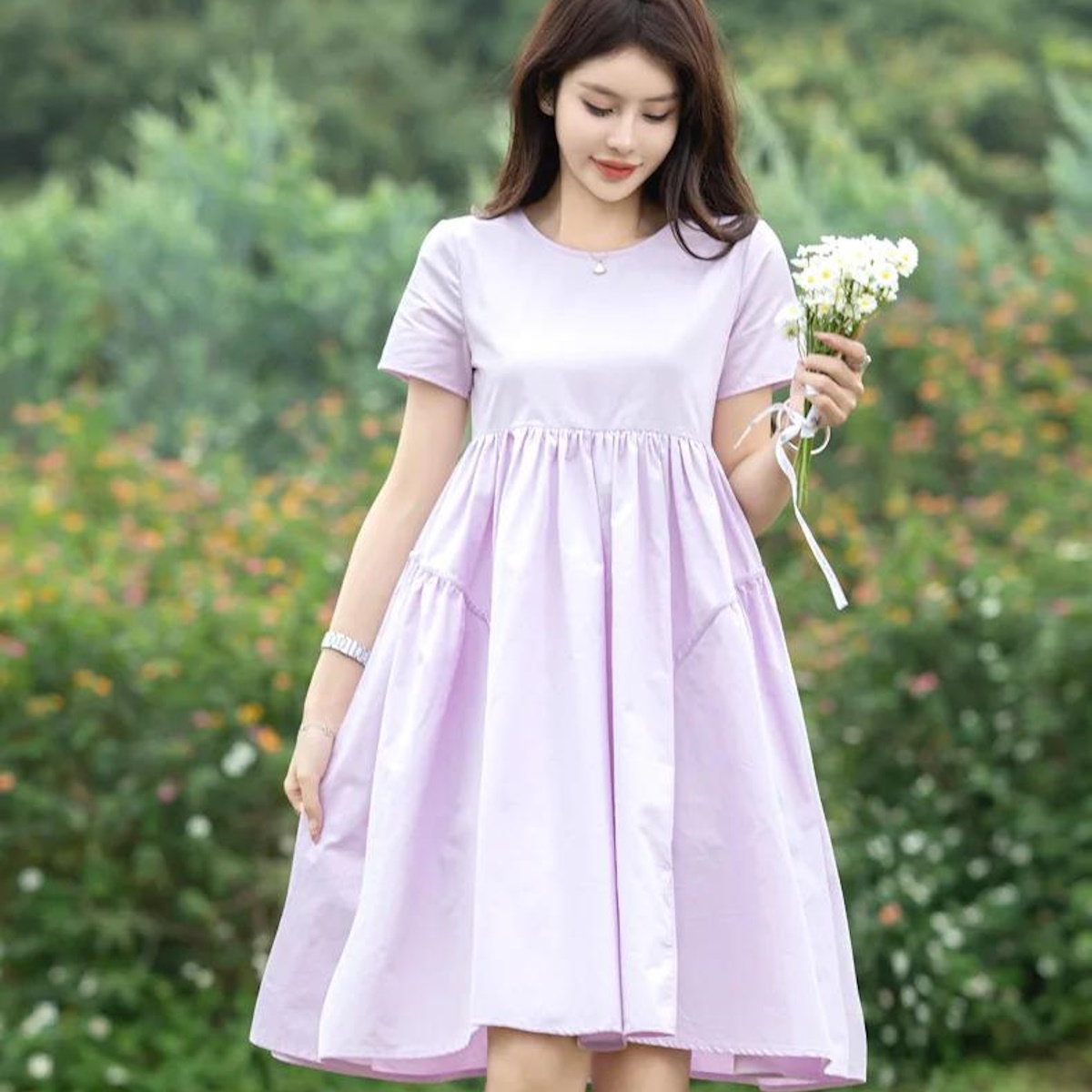 Mommy and Me Matching Dress Short Sleeve Lavender Shirred Top Dress - ChildAngle