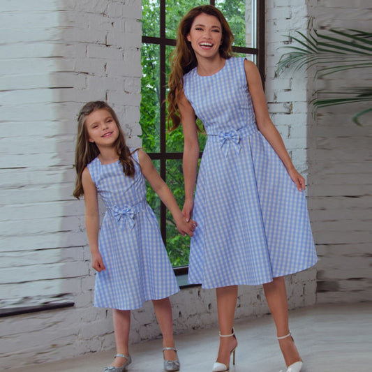 Mom and Daughter Dress Mommy and Me Dresses Plaid Bowknot Sleeveless Dress for Easter - ChildAngle